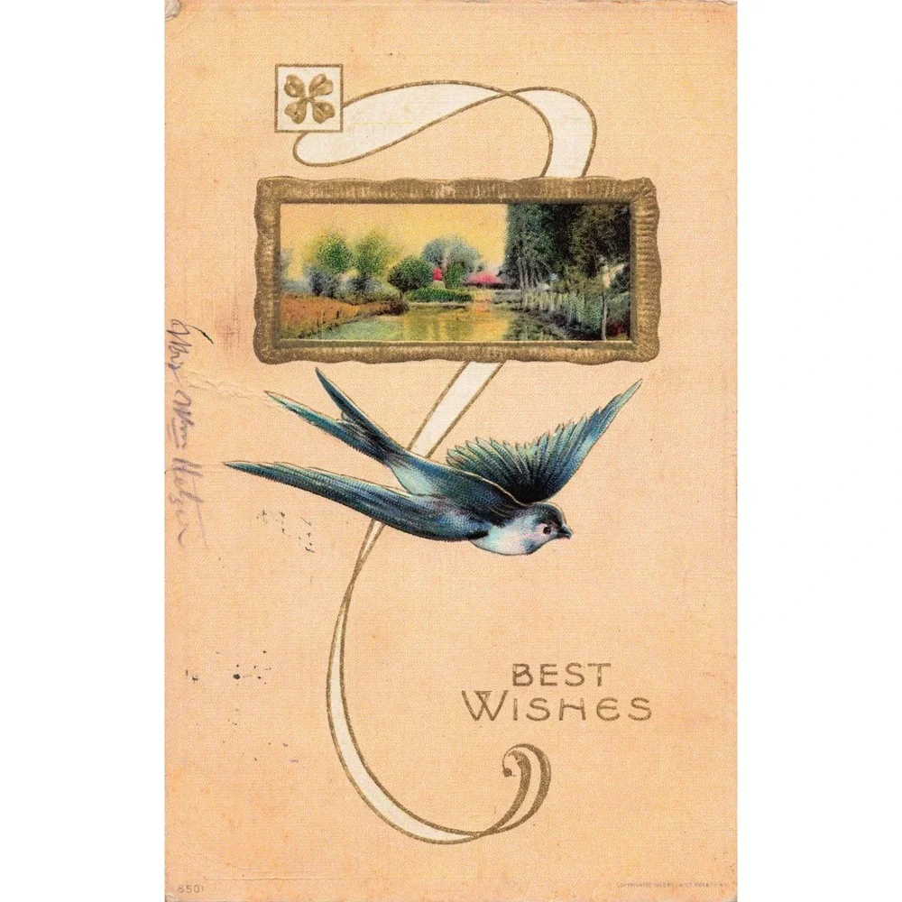 Antique 1910 Best Wishes Postcard Blue Swallow Bird Landscape 1c Franklin Stamp